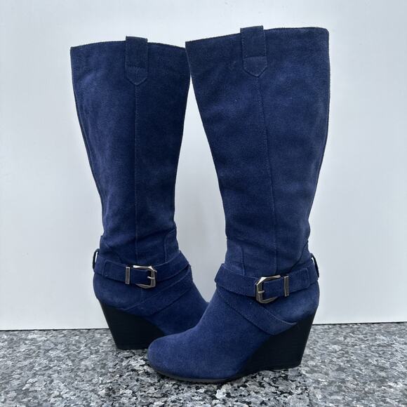 BCBGENERATION PL Wilsa Navy Suede Wedge Knee High Boots Size 6/ 36 - Picture 1 of 11
